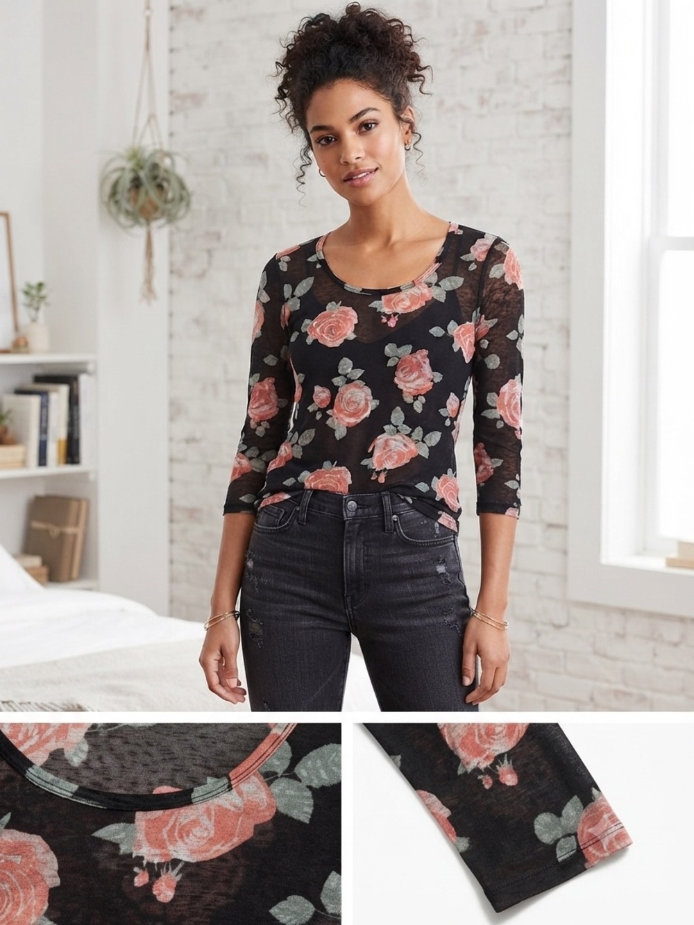 VTG Style Sheer Black Mesh Floral Top Pink Roses 3/4 Sleeve 90s Coquette Boho